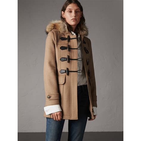 burberry detachable fur trim wool duffle coat camel|Burberry duffle coat.